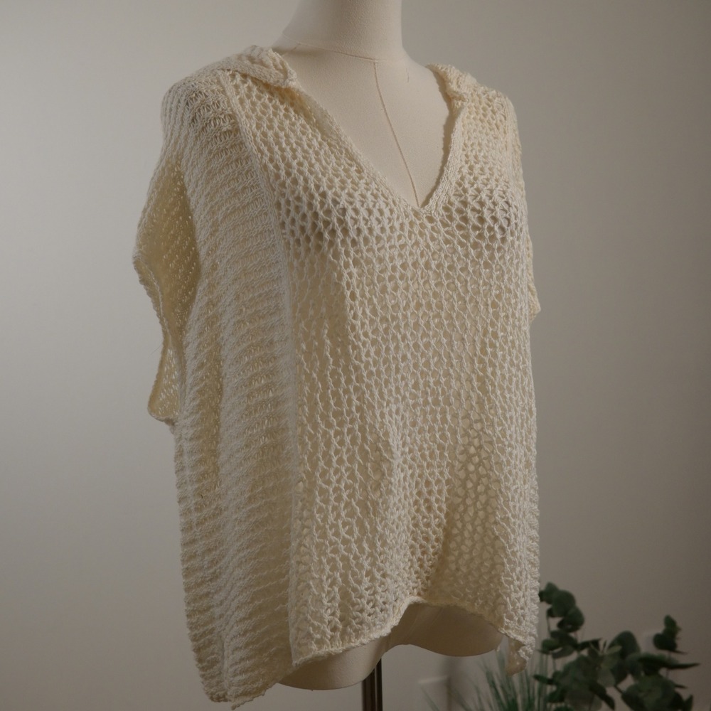 Hollister Cream Open Knit Hooded Poncho Top One Size Crochet Boho Beach Coverup